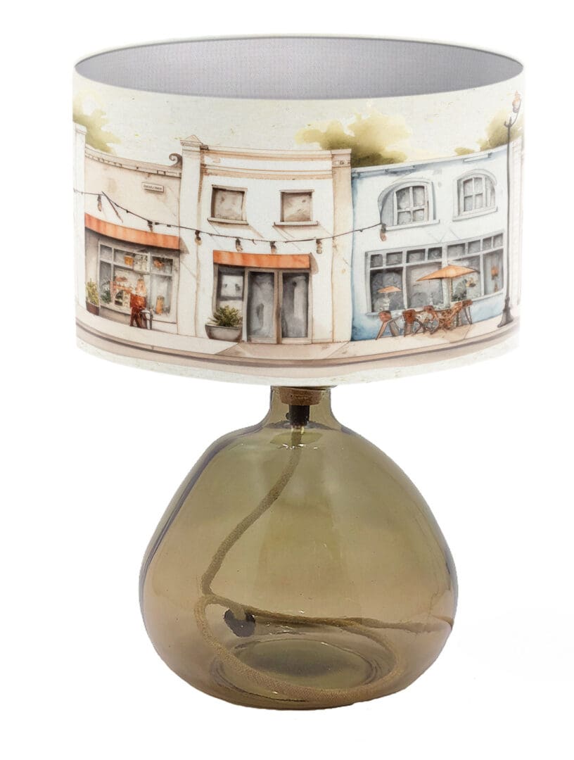 lampshade with contemporary design, houses shops watercolour print. modern lampshade,