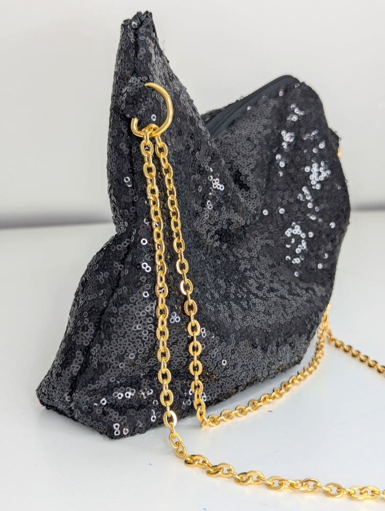 Black sequin, slouchy party bag with chain