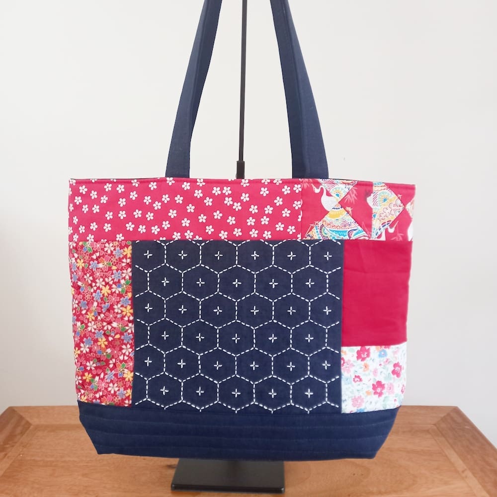 Blue and red sashiko patchwork tote bag