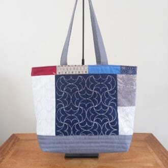 Blue, grey and red sashiko panel patchwork tote bag