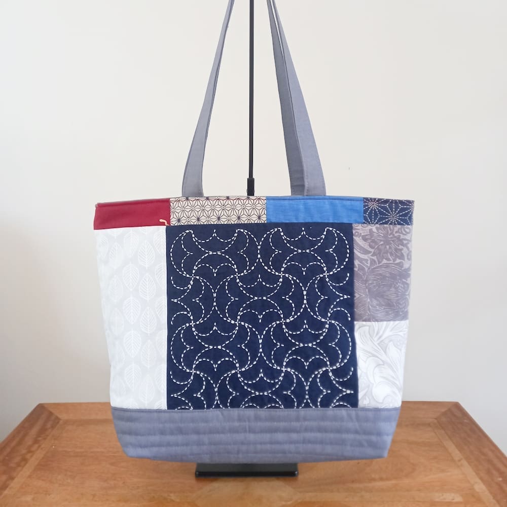 Blue, grey and red sashiko panel patchwork tote bag