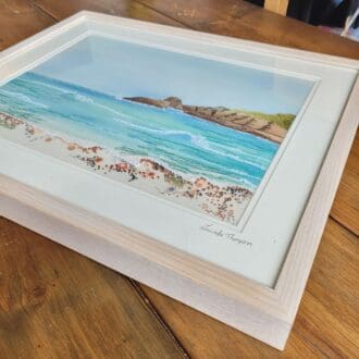 Hand and machine embroidered view of broad haven beach in Pembrokeshire. Large frame measuring 54 x 44cm.