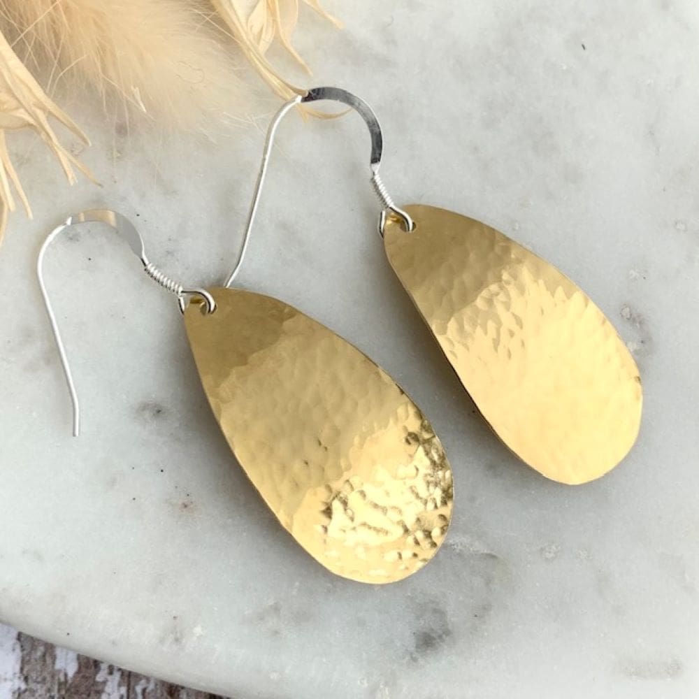 Dimpled Long Teardrop Dangly Brass Earrings