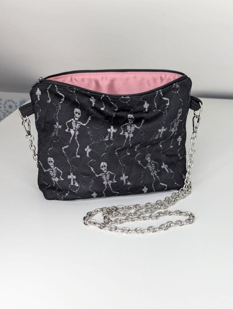 Halloween fancy dress bag with silver chain and pink lining