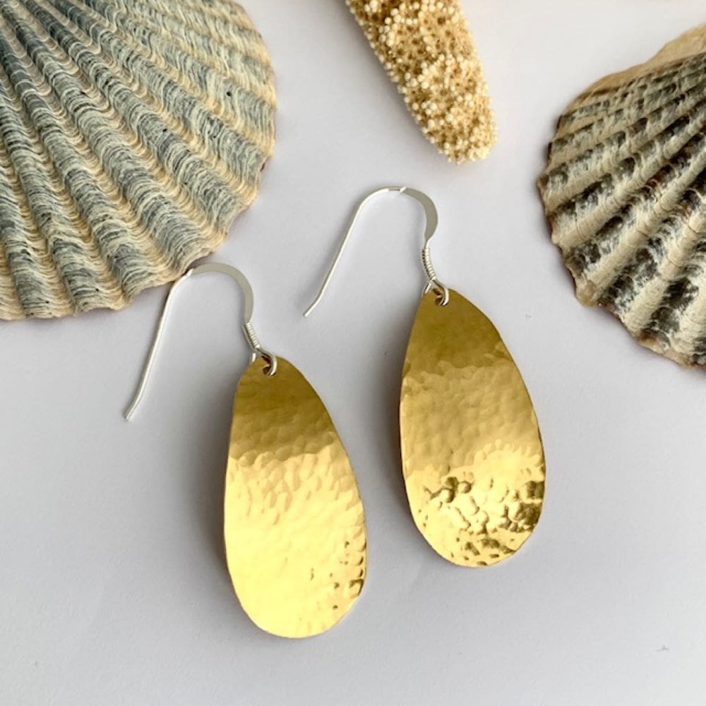 Hammered Dangle Gold Tone Brass Teardrop Earrings