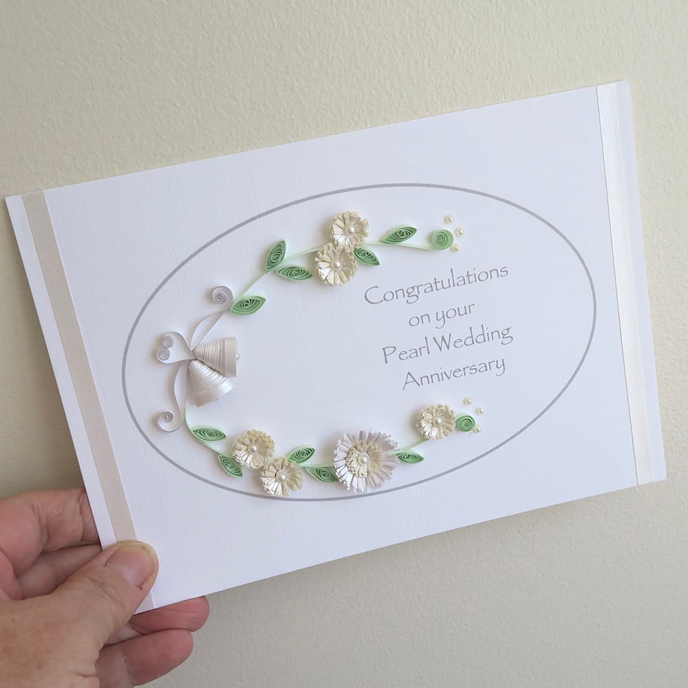 Handmade 30th pearl wedding anniversary congratulations card with quilled flowers