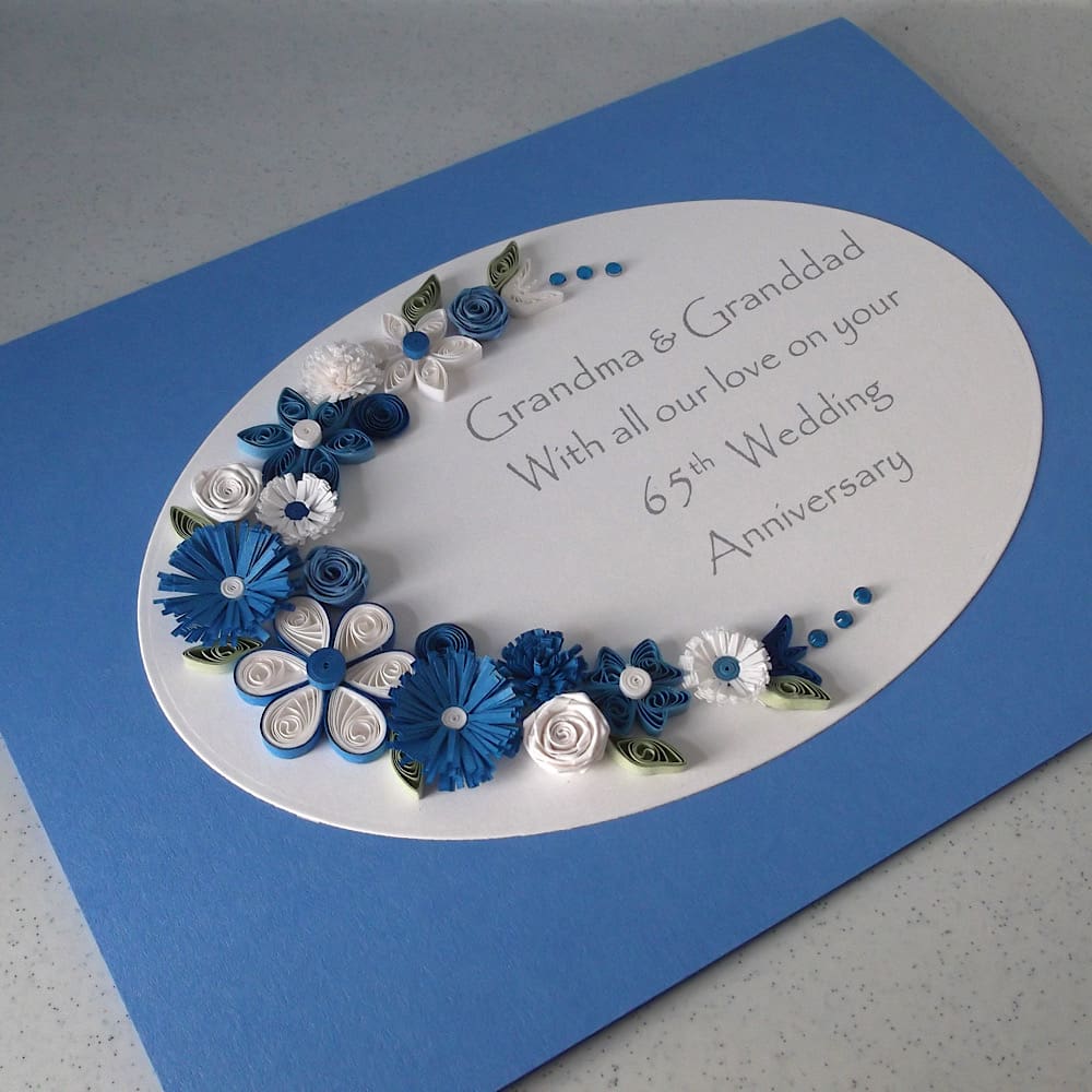 Handmade anniversary card for 65th wedding with blue and white quilled flowers