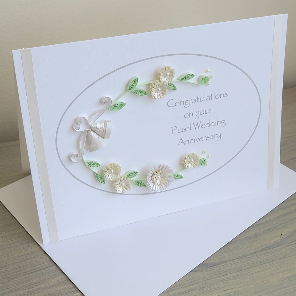 Handmade 30th pearl wedding anniversary congratulations card with quilled flowers