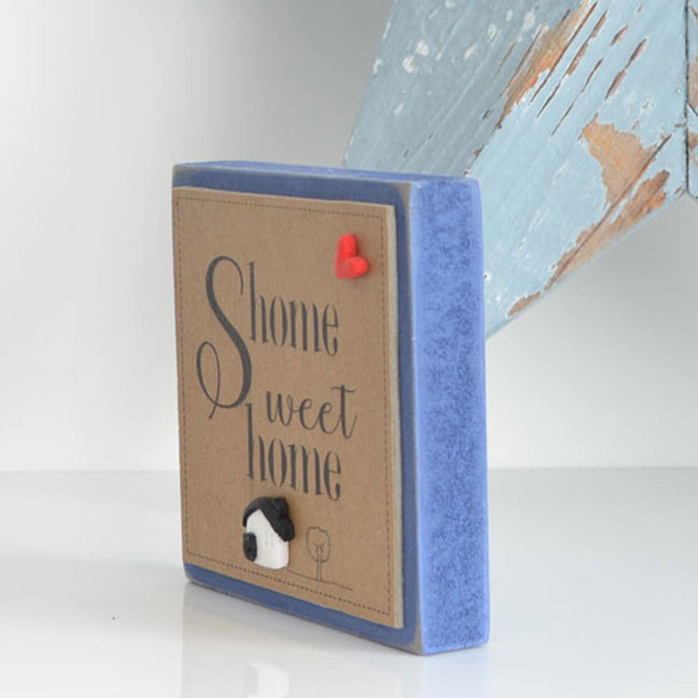 Blue handmade wood home sweet home freestanding sign