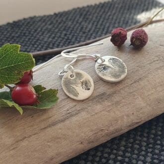 A pair of dangly silver discs imprinted with hawthorn leaves & flower displayed with spring of hawthorn on a piece of driftwood.