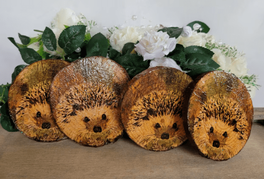 Four round wood slices with Hedgehog image on each one