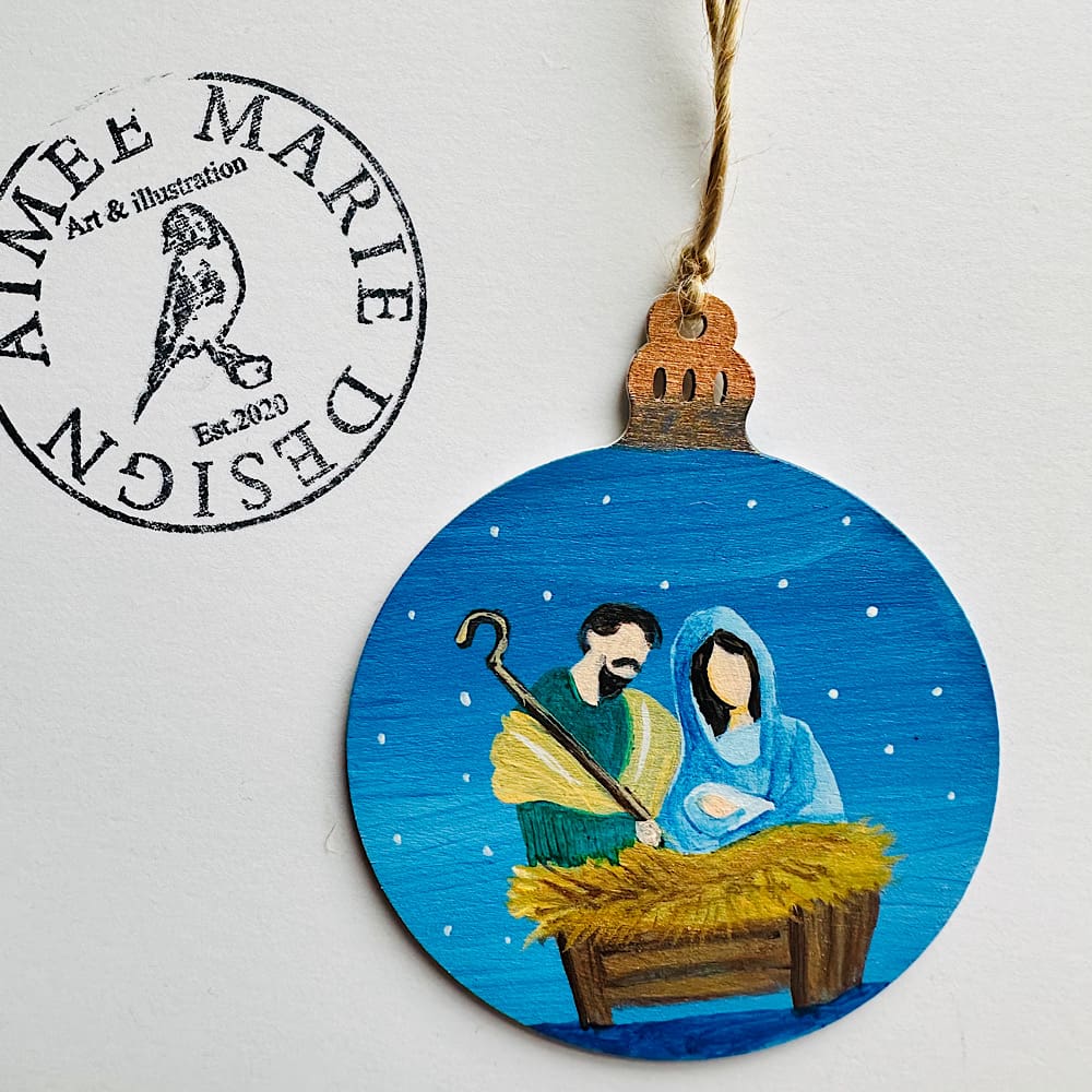 Jesus Mary Joseph nativity scene Christmas bauble