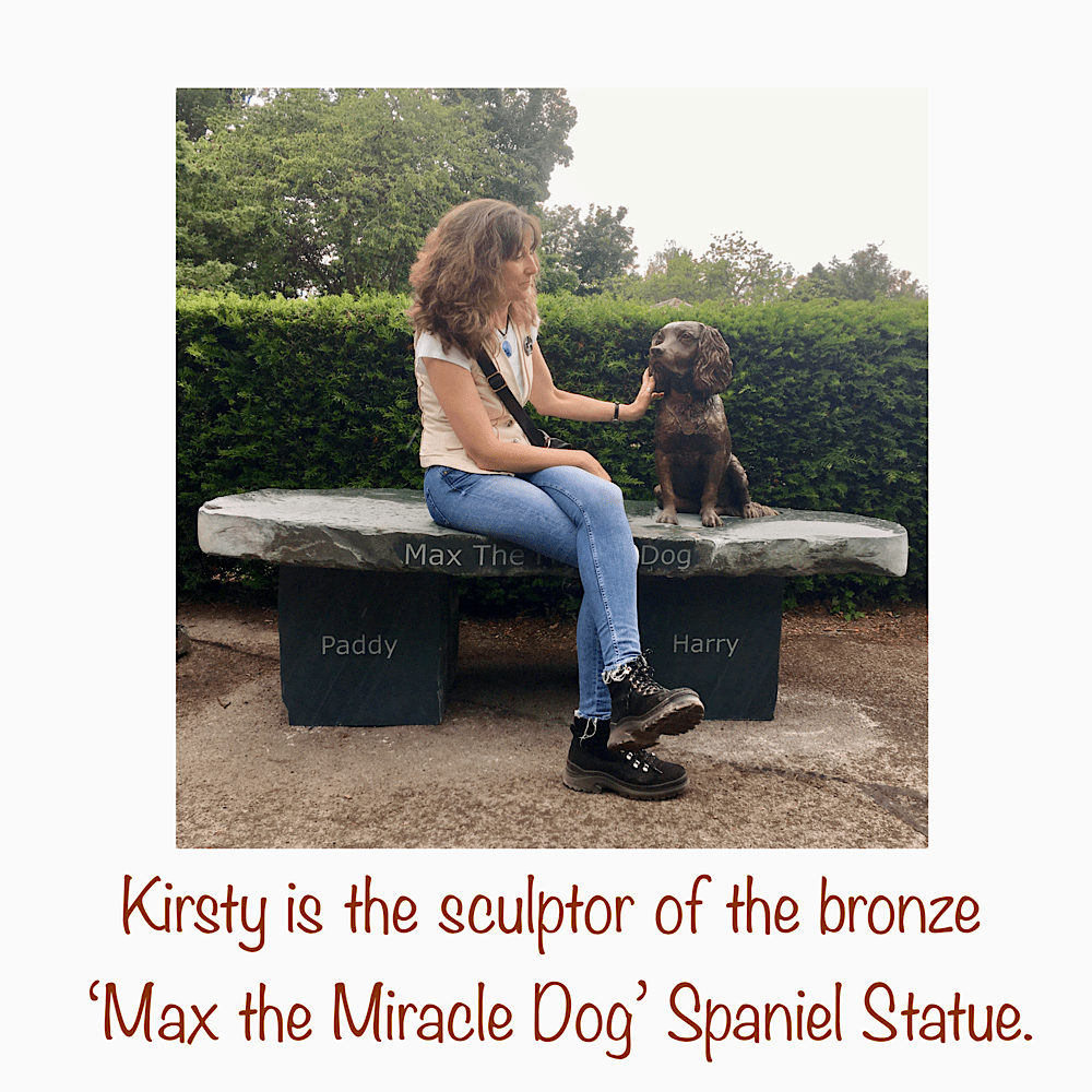 Sculptor Kirsty Armstrong with her bronze statue of Max the Miracle dog