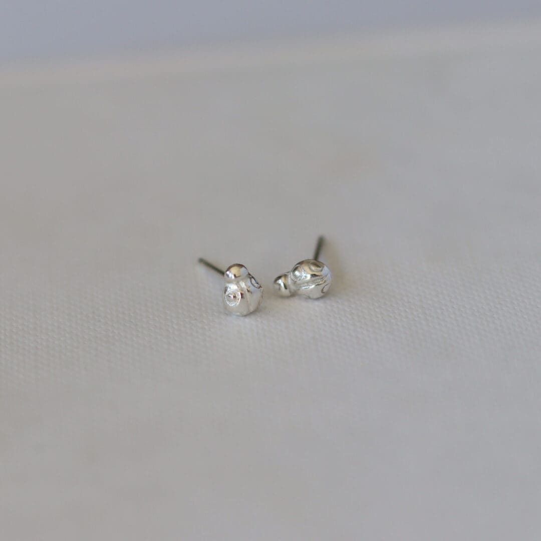 Close up of silver ladybird stud earrings