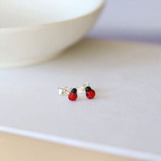 2 red ladybird earrings resting on the top of a white book.