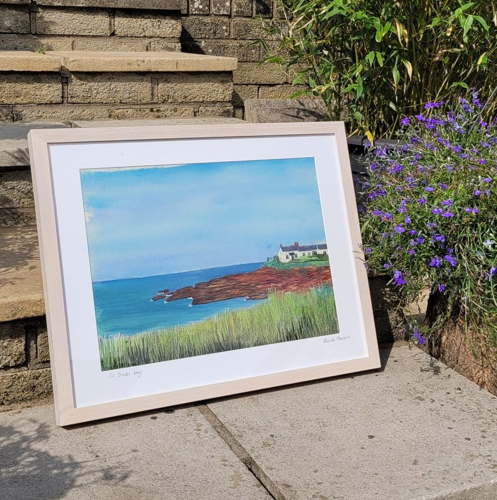 Large framed embroidery of st brides bay in Pembrokeshire.