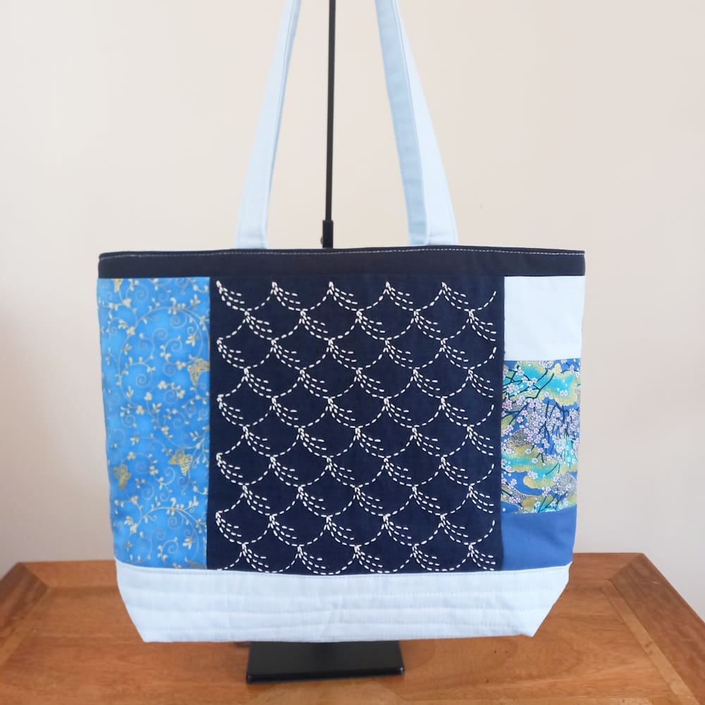 Light and Dark Blue Sashiko Patchwork Tote