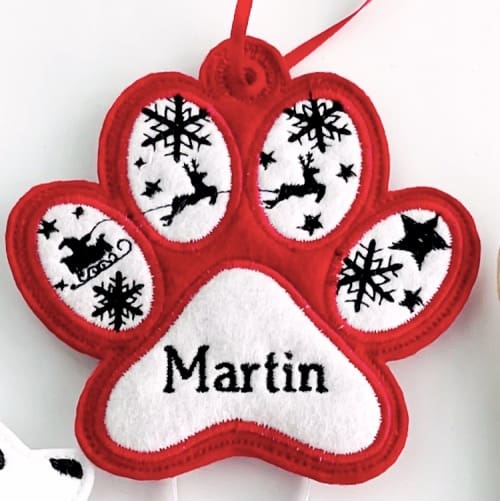 Pet Paw Felt Christmas Hanging Decoration Personalised Gift Closeup