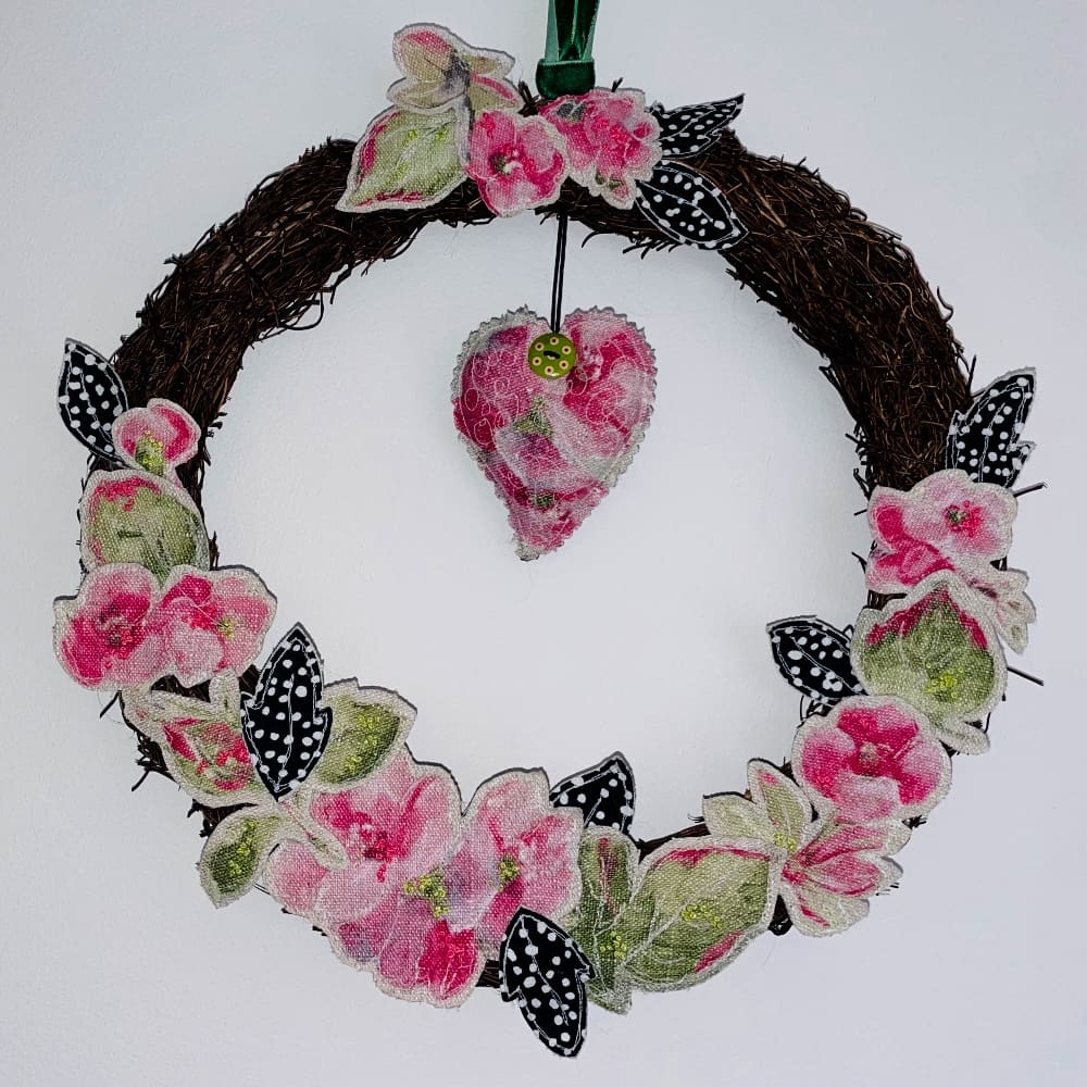 Pink and green linen floral roses hanging door wall wreath decoration