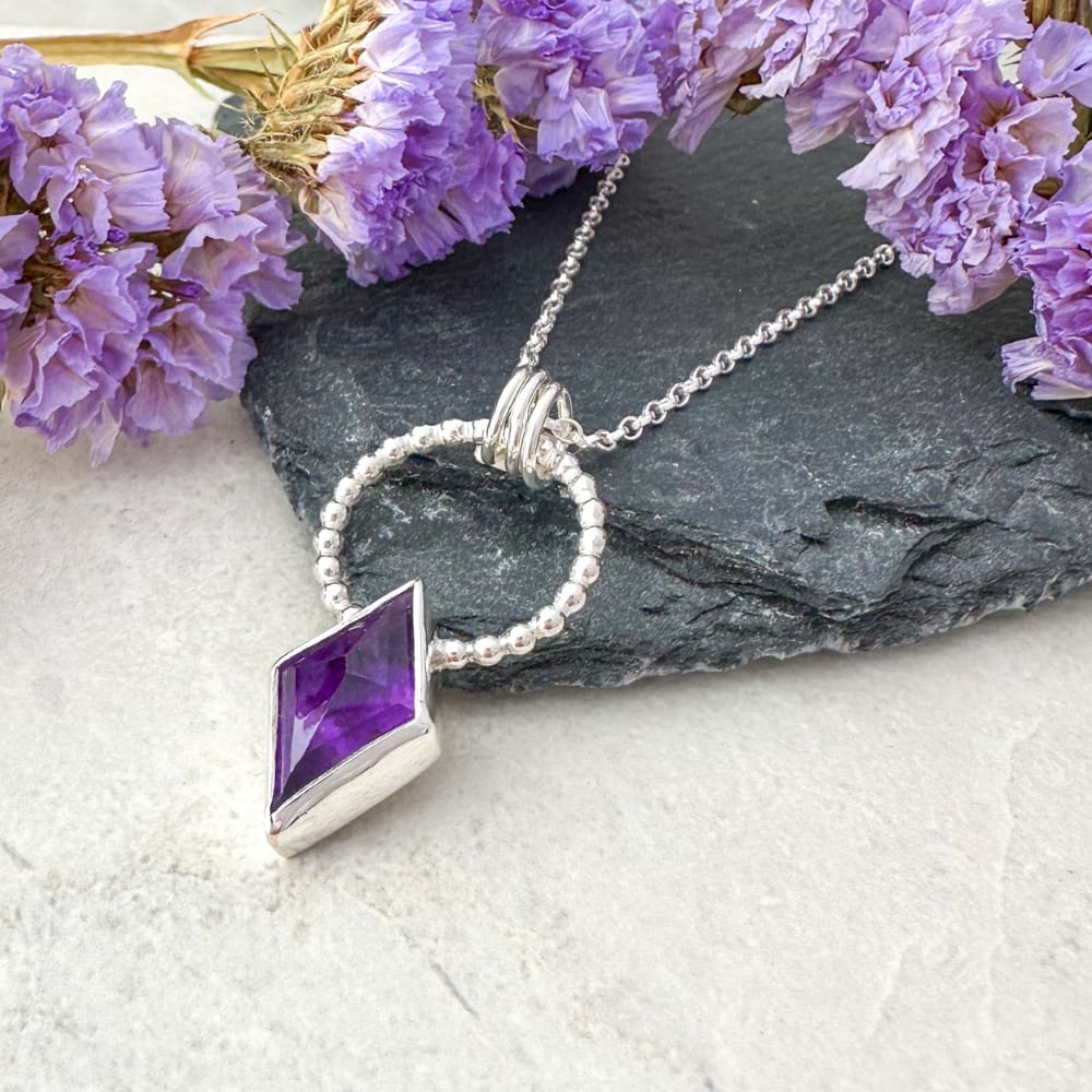 Purple amethyst gemstone necklace handmade in silver