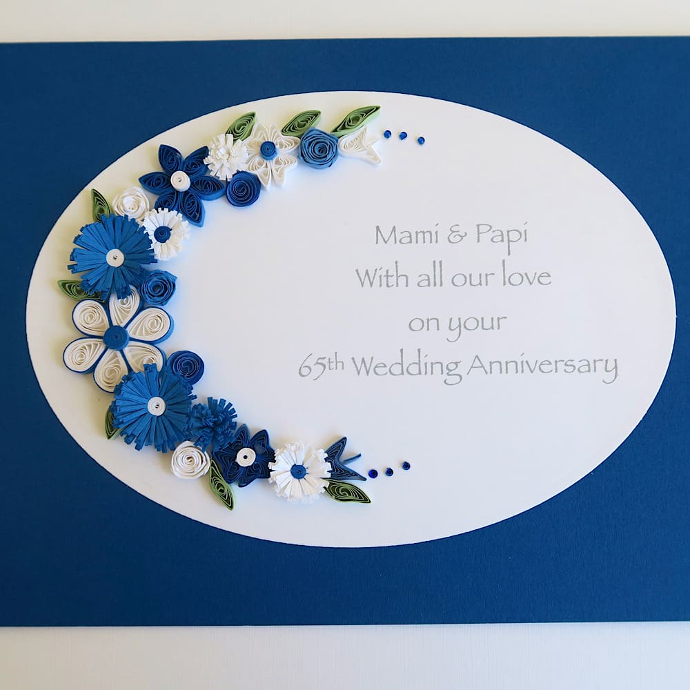 Handmade anniversary card for 65th wedding with blue and white quilled flowers