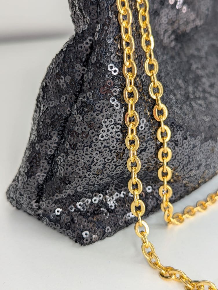 Black sequin party bag with gold coloured chain