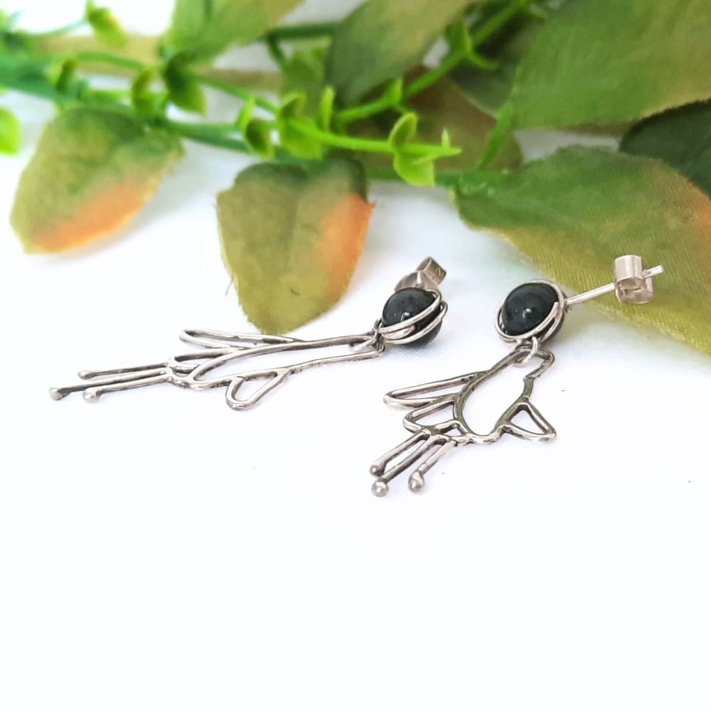 Dangly sterling silver fuchsia flowers on green moss agate stud earrings.