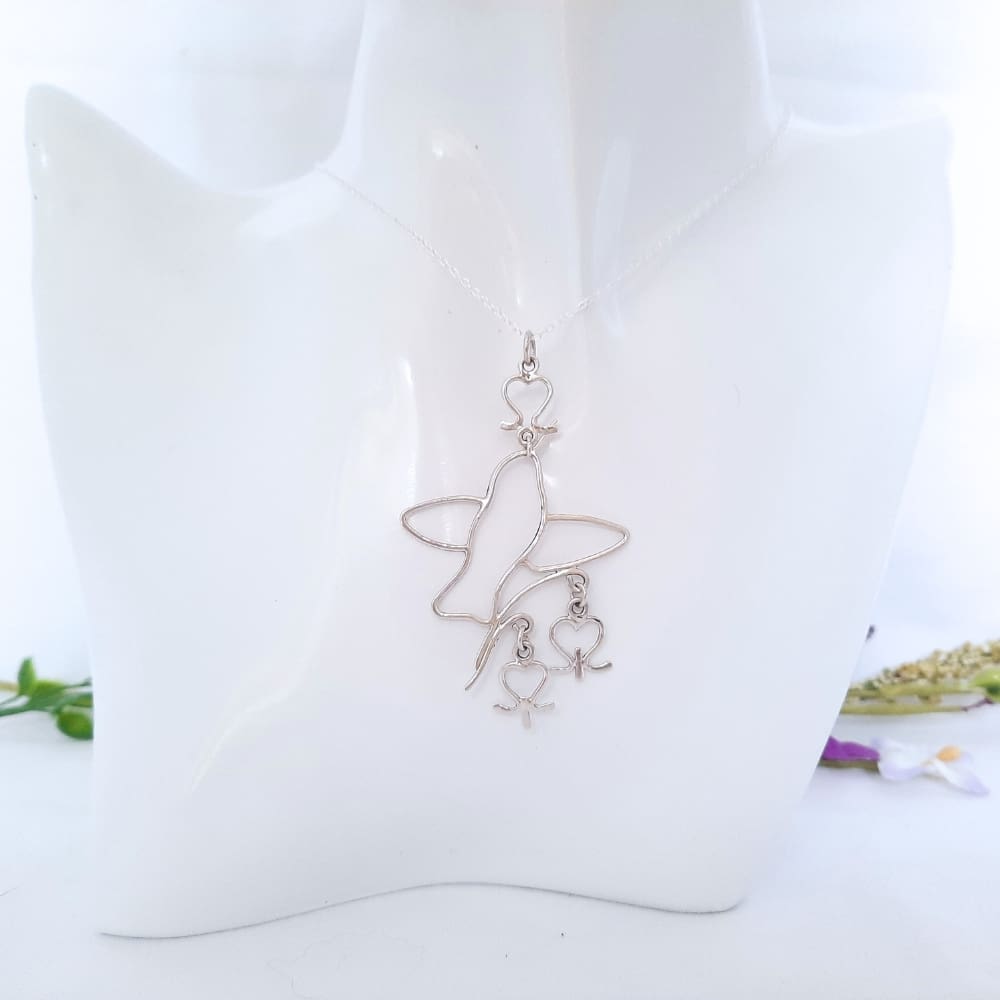 Sterling silver hummingbird and bleeding heart flowers pendant necklace.