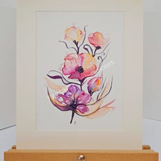 Mounted Watercolour Painting of Abstract Summer Florals displayed on an easel