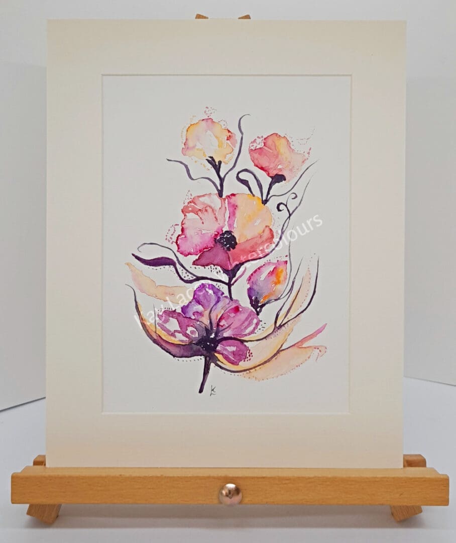 Mounted Watercolour Painting of Abstract Summer Florals displayed on an easel