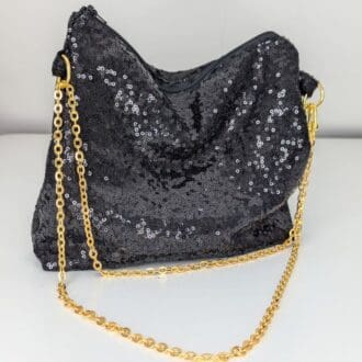 Black sequin party bag with gold coloured chain