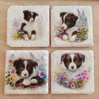 One white painted Four square shaped Slate coasters with border collie design