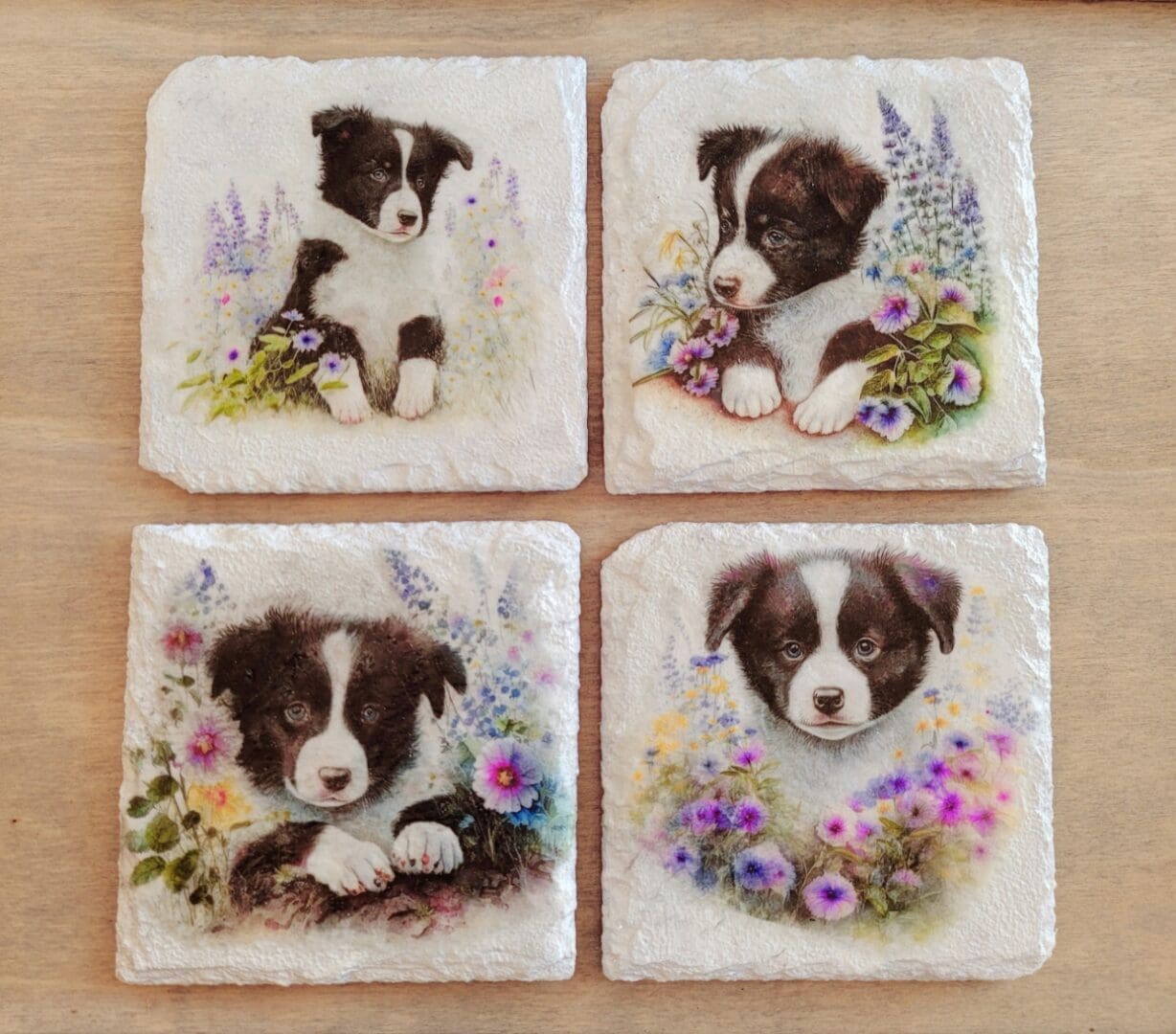 One white painted Four square shaped Slate coasters with border collie design