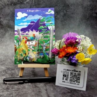 Image titled A Bugs Life showing an A6 size greetings card, blank inside, on a small easel. A gently humorous countryside scene showing two hens sizing up breakfast without breakfast being aware.