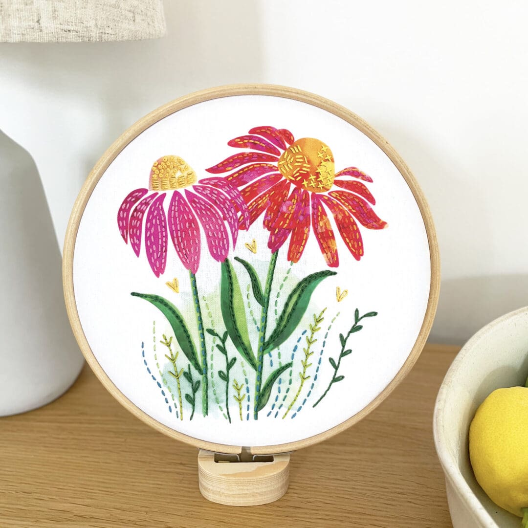 embroidered flowers on display