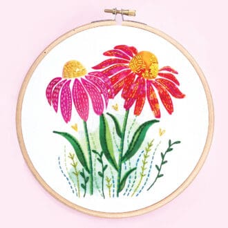 hand stitched floral embroidery kit featuring echinacea flowers