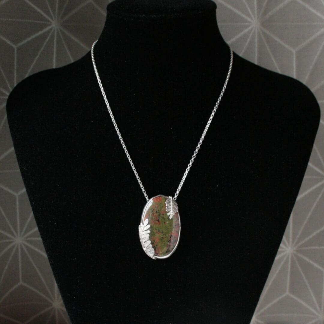 Scottish Lewisian Gneiss gemstone necklace with silver ferns