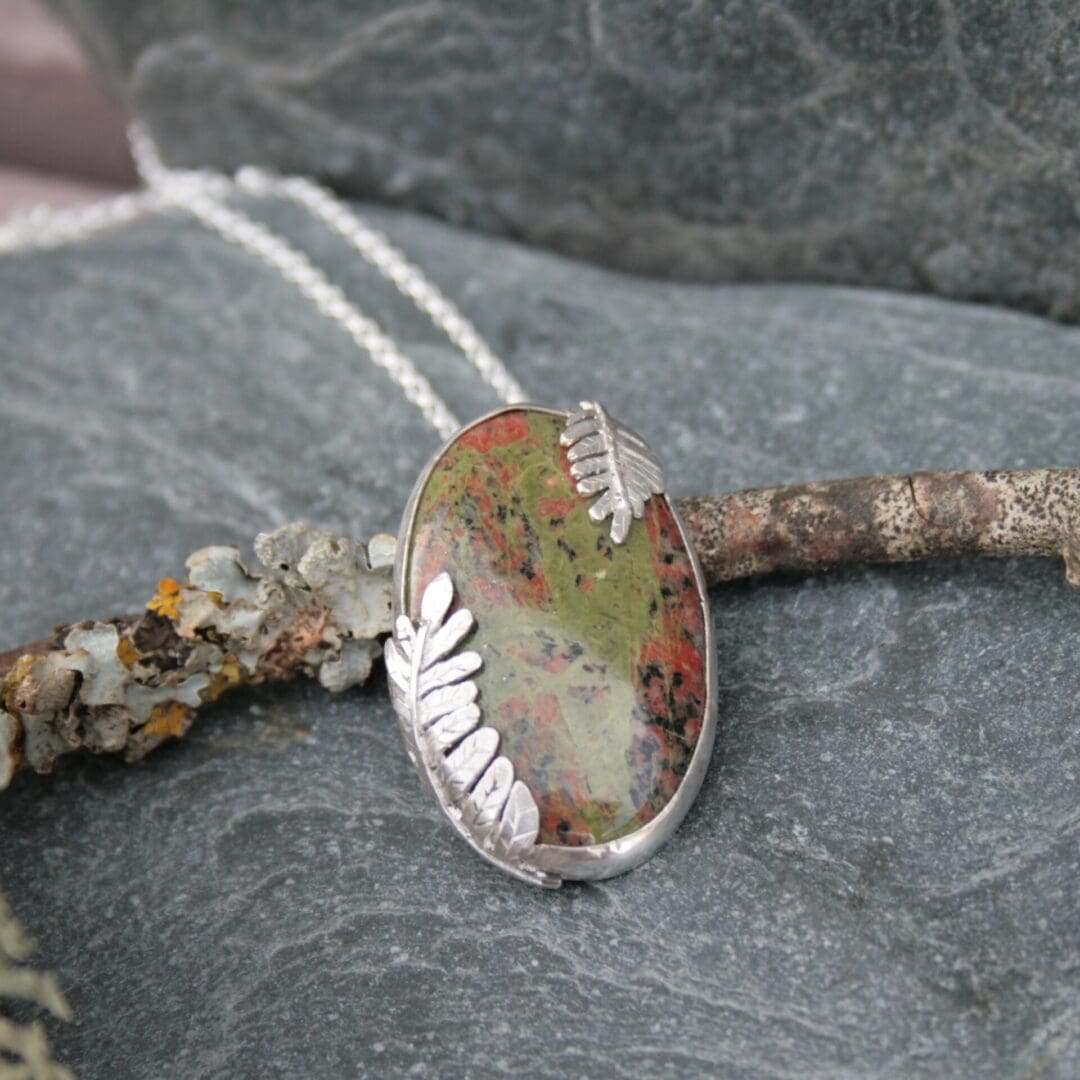 Scottish Lewisian Gneiss gemstone necklace with silver ferns