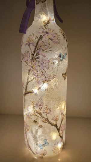 Lit up Standard wine bottle with flower butterfly design