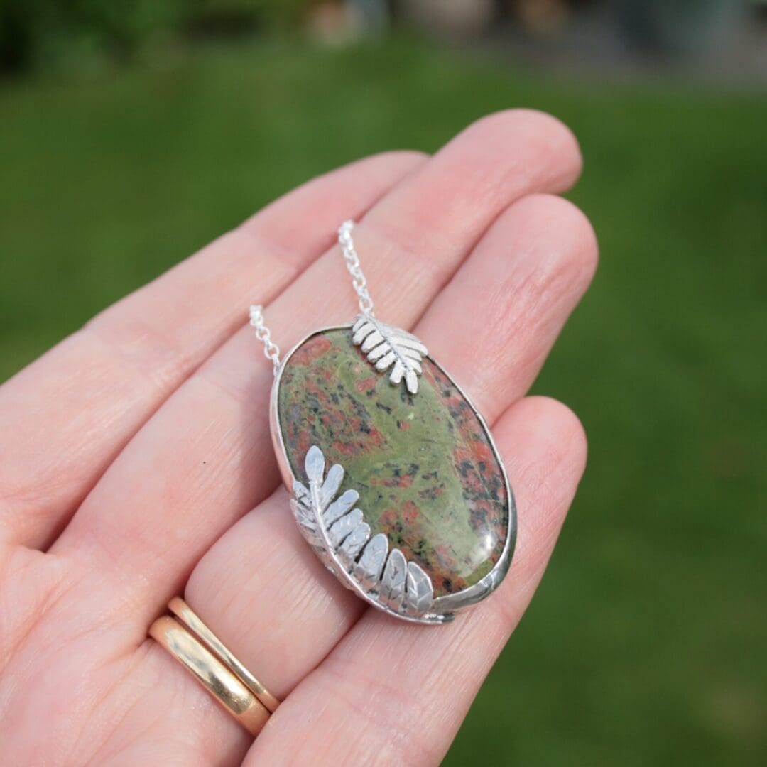 Scottish Lewisian Gneiss gemstone necklace with silver ferns