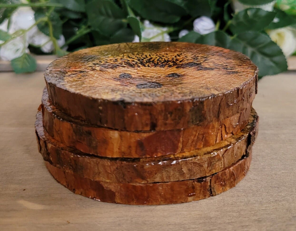 set of four round wood slice coasters, each with a hedgehog image. showing varnished bark edge