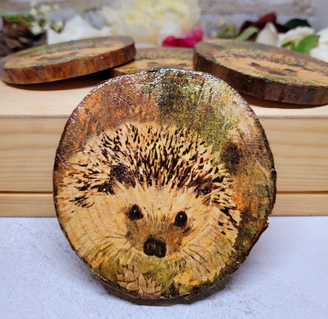 one round wood slice coaster with Hedgehog detail