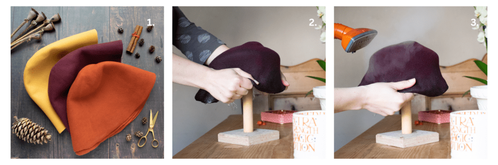 three images showing how a felt hood is blocked (shaped) on a wooden millinery block to create a hat base