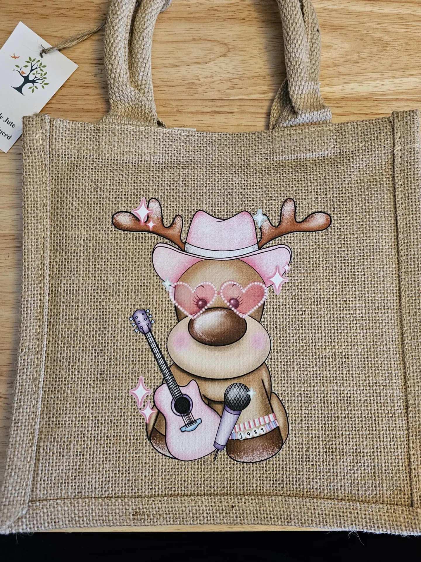 pop star reindeer christmas jute bag