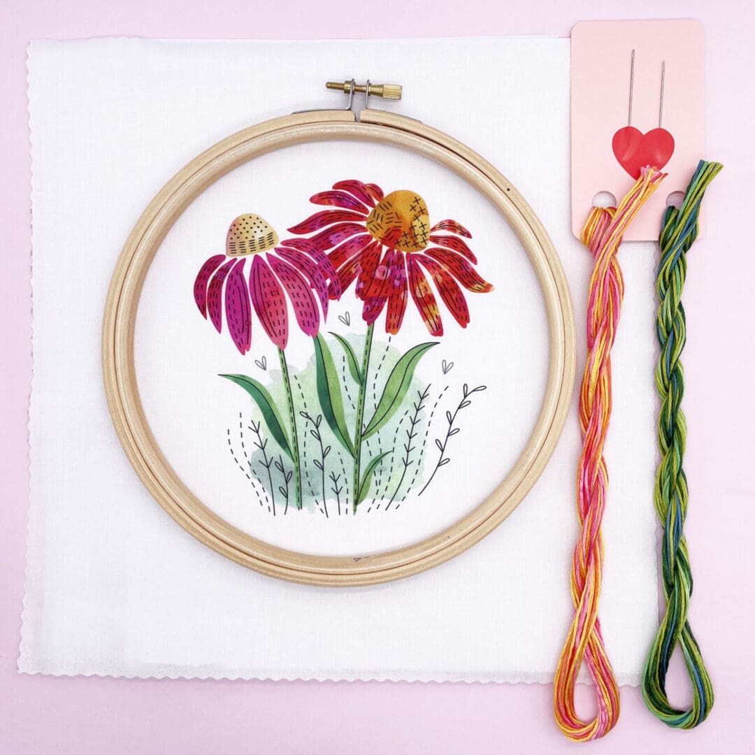 contents of the embroidery kit with a flower design