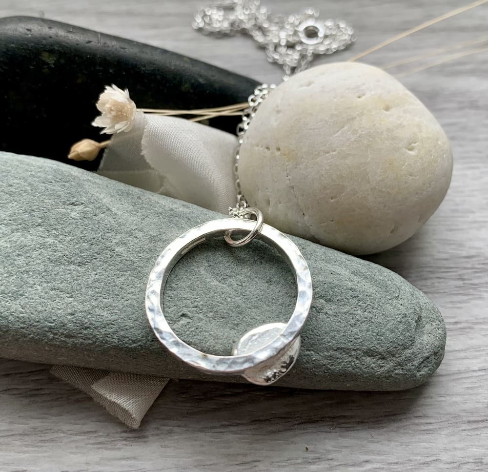 recycled sterling silver circle pendant with unique nugget and hammered texture