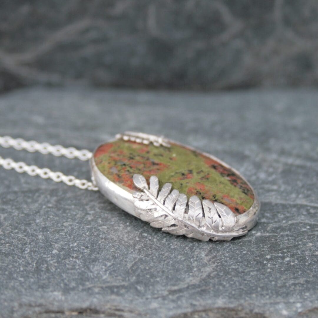 Scottish Lewisian Gneiss gemstone necklace with silver ferns