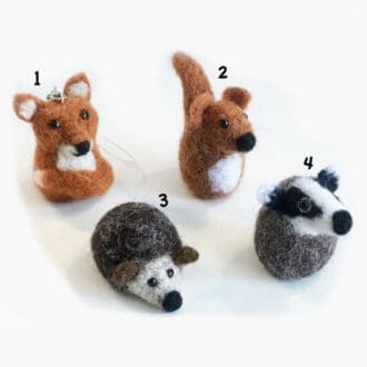 Needle felted bag charms of a fox, squirrel, hedgehog and badger