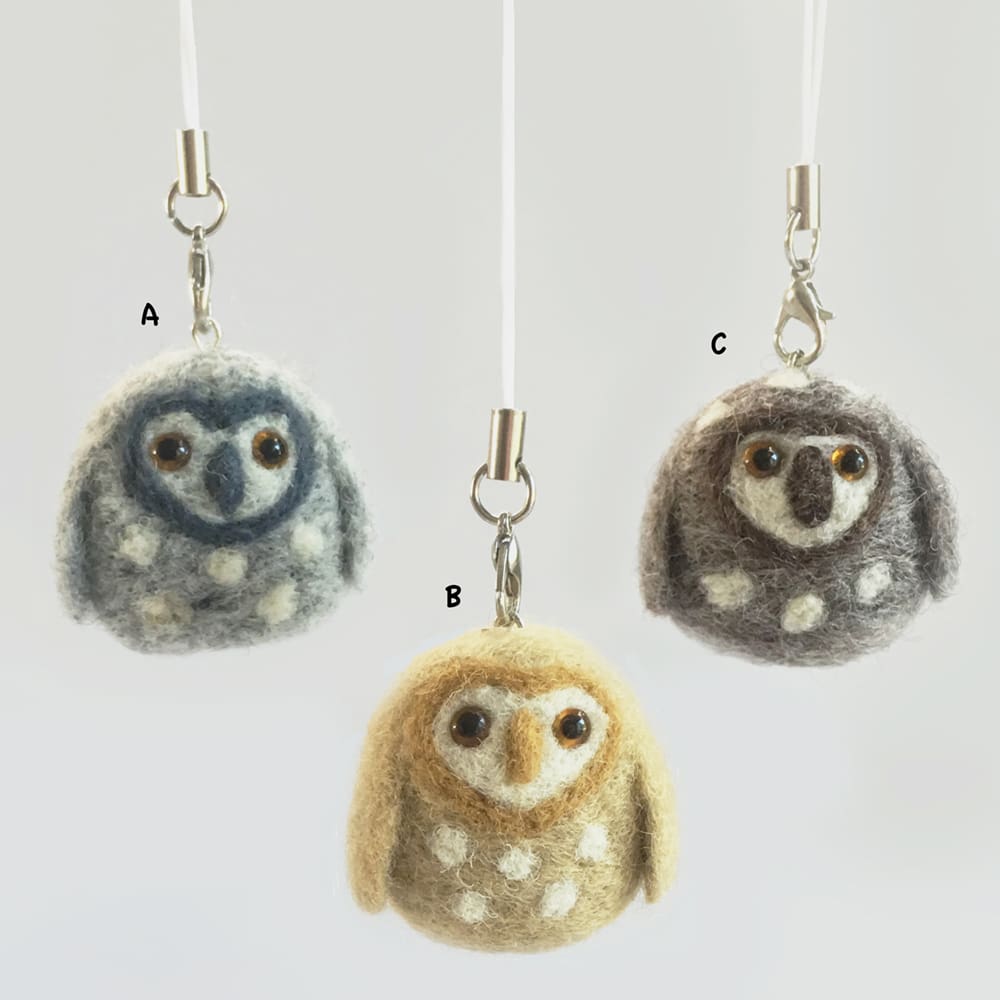 needle felted owl bag charms in brown grey or beige