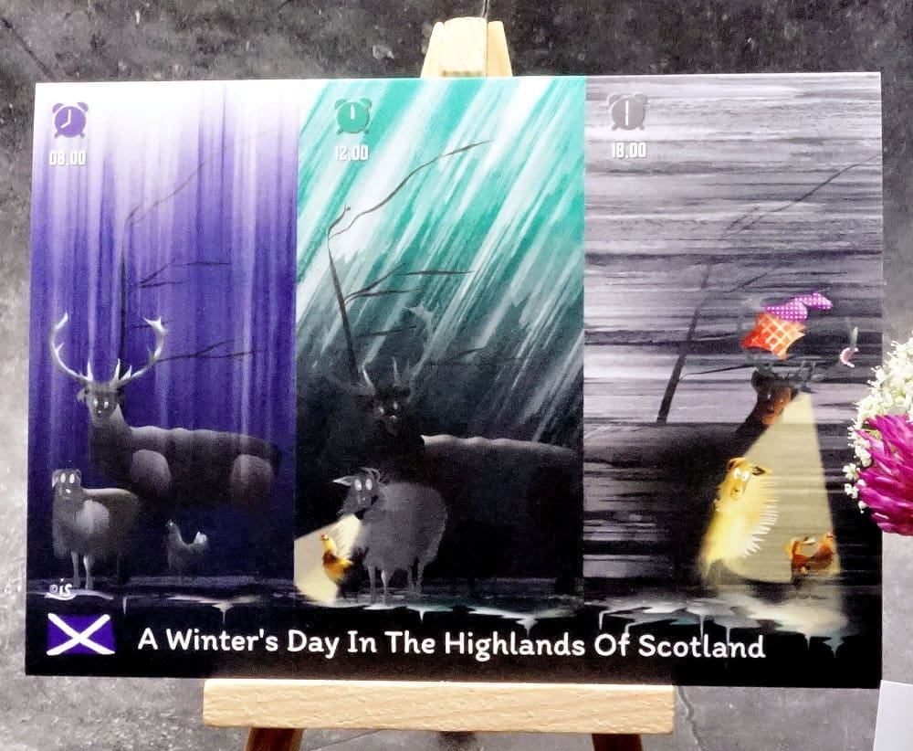 Larger image titled A Winter's Day showing an A6 size greetings card, blank inside, set on a small easel. A gently humorous 3-part scene of our highland weather and long-suffering animals across a typical winter's day.